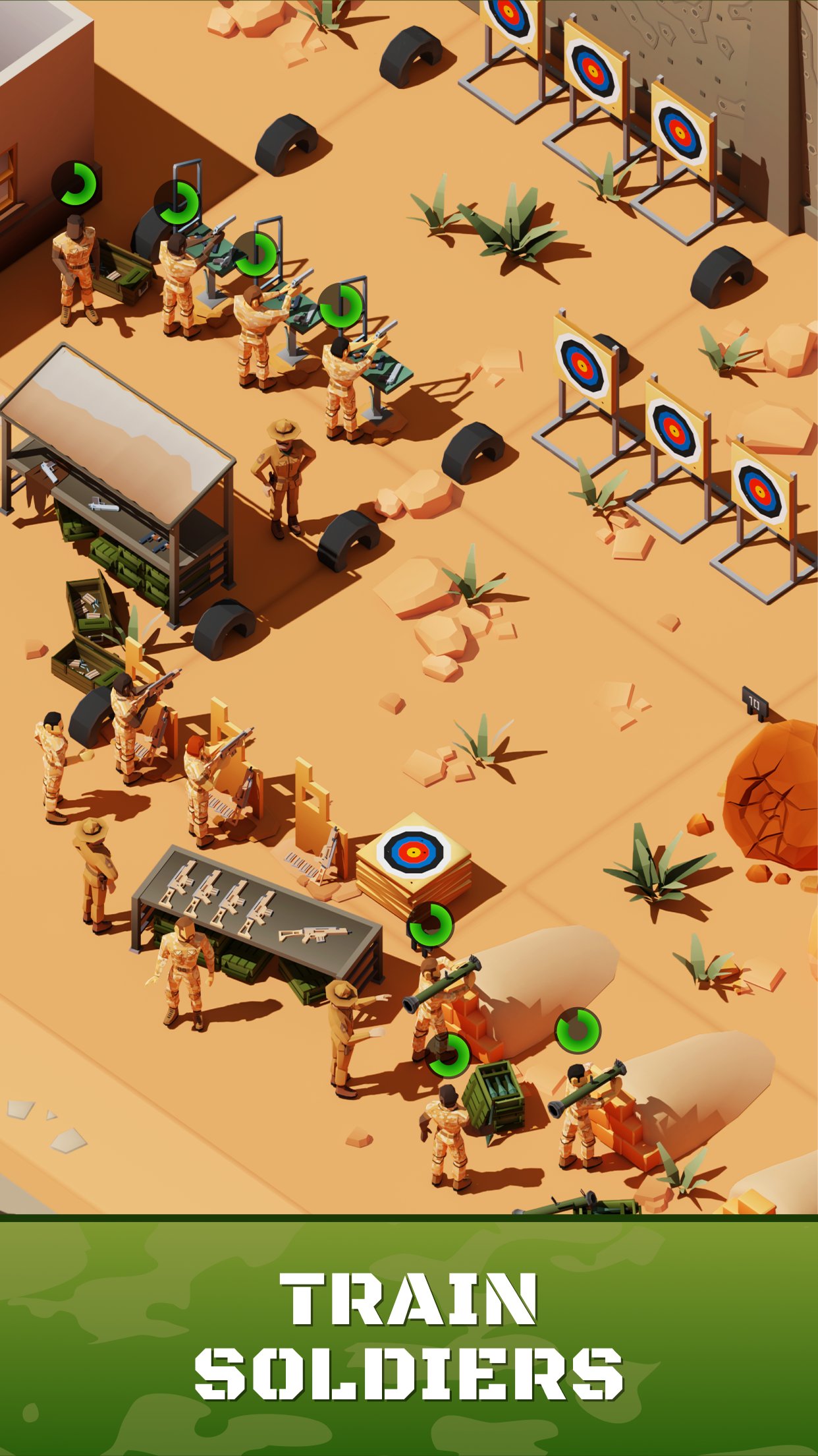 Army Tycoon gameplay showing soldiers training at a desert firing range