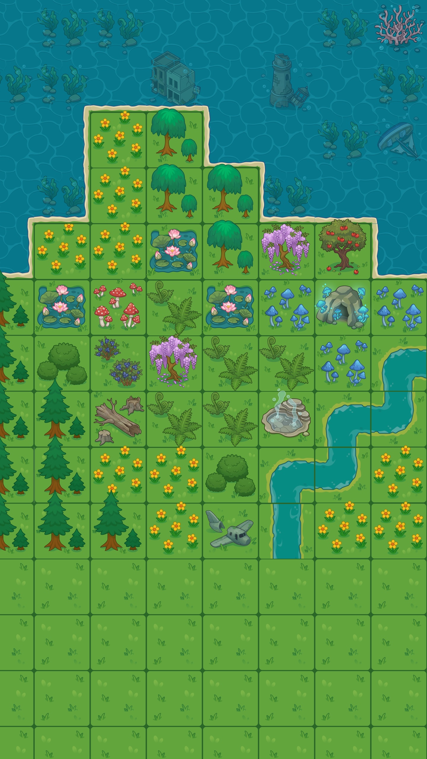Rewild Tycoon game world with a restored island, flowering trees, mushrooms and a winding river surrounded by ocean life
