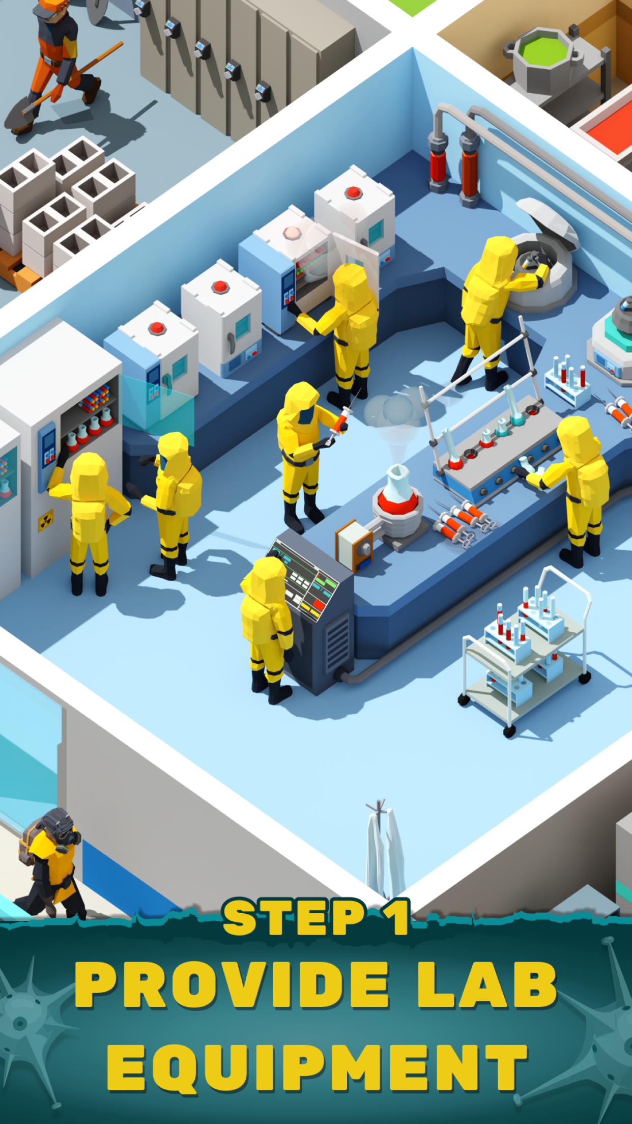 Zombie Hospital gameplay showing a busy laboratory staffed by workers in protective suits
